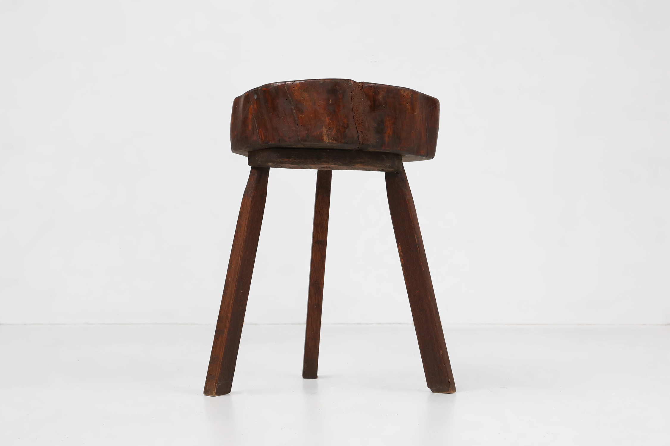 Rustic wooden tripod stool with tree trunk seat, France ca. 1900thumbnail